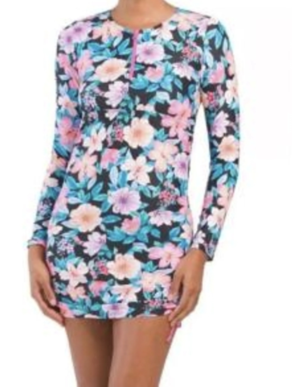 Floral Long Sleeve Swim Tunic - Pink & Teal Flowers